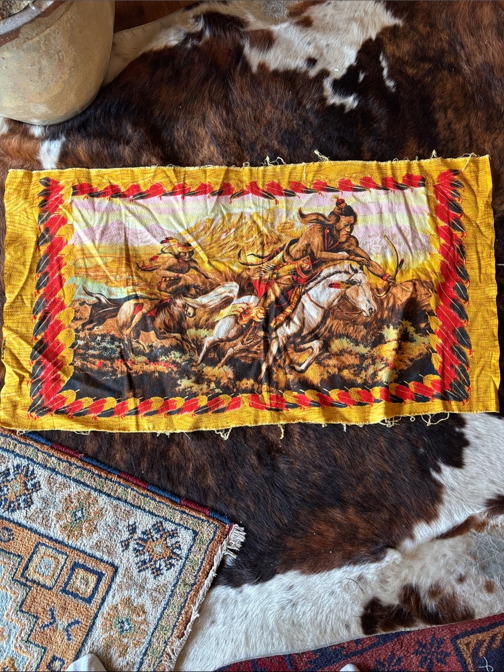 Vintage Western Native American Horse Scene Textile - Yellow Red Brown